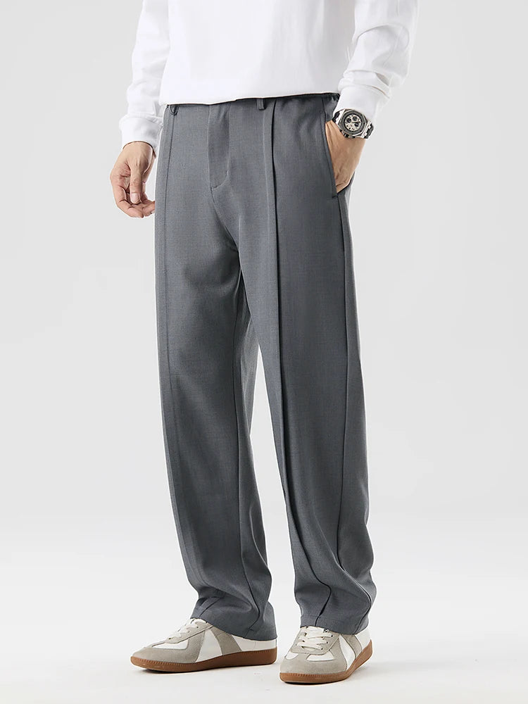 HEARUJOY  -  New Korean Men's Casual Pants Banded Waist Stretch Semi-Wide Pleated Suit Slacks Straight Loose Draped Trousers