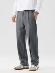 HEARUJOY  -  New Korean Men's Casual Pants Banded Waist Stretch Semi-Wide Pleated Suit Slacks Straight Loose Draped Trousers