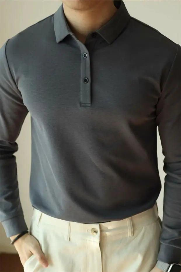 HEARUJOY  -  New American Retro Men Polo Shirt Light Luxury Solid Color Slim-fit Commuting Long Sleeve T-shirt Leisure Business Pullover Tops