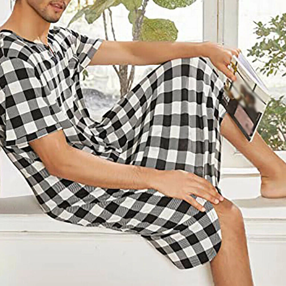 Hearujoy Mens Casual Home Plaid Nightgown Gender-Neutral Loose Printed Simple Short-Sleeved Thin Home Wear Unisex