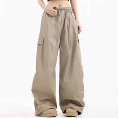 Hearujoy Large Pocket Men's Wide Leg Pants Casual Pleated Drawstring Solid Color Male Cargo Trousers Trendy Spring 9C4195