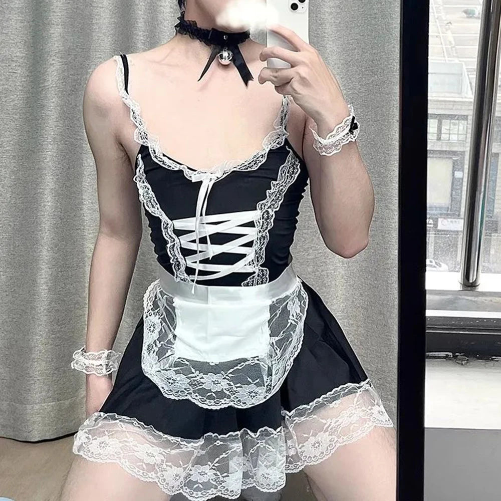 Hearujoy Mens Sexy Suspender Lace Vest Suit Unisex Nightclub Youth Bow Wristband Leg Rings Cosplay Lolita Maid Maid Outfit Unisex