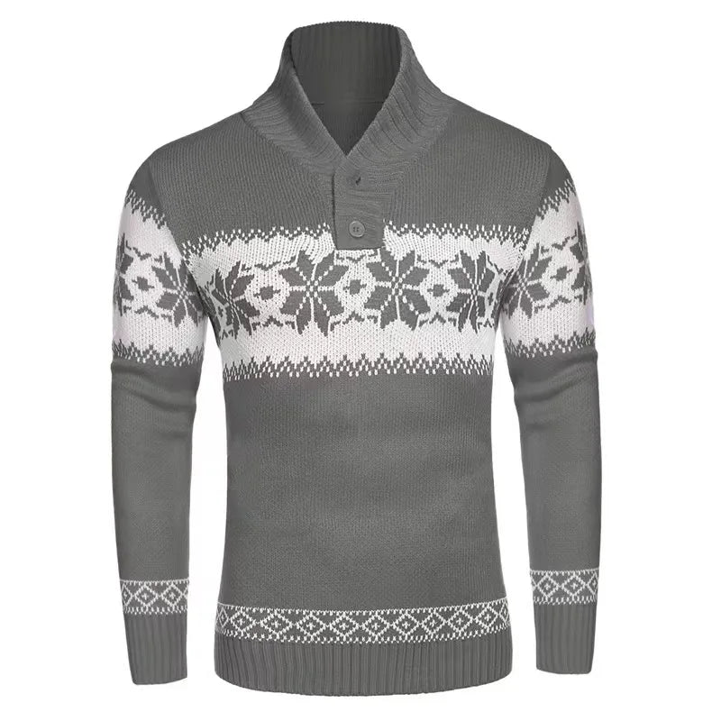 HEARUJOY  -  Autumn Winter New Men Jacquard Sweater Polo Shirts Coat Christmas Snowflake Printed Tees Tops Knitted Stand Collar Clothing