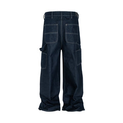 Hearujoy High Street Cleanfit Multipockets Drak Blue Baggy Jeans for Men and Women Straight Vintage Casual Loose Denim Trousers Oversize