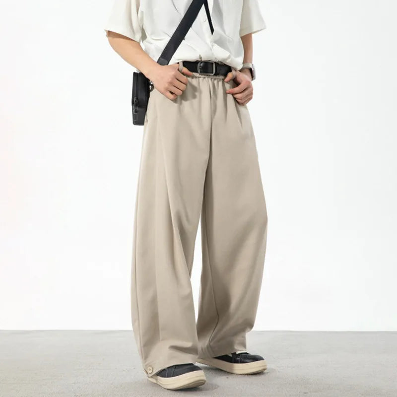 HEARUJOY  -  Korean Style Men's Suit Pants Solid Color Pleated Design Botton Drawstring Simple Elastic Waist Summer Male Trousers