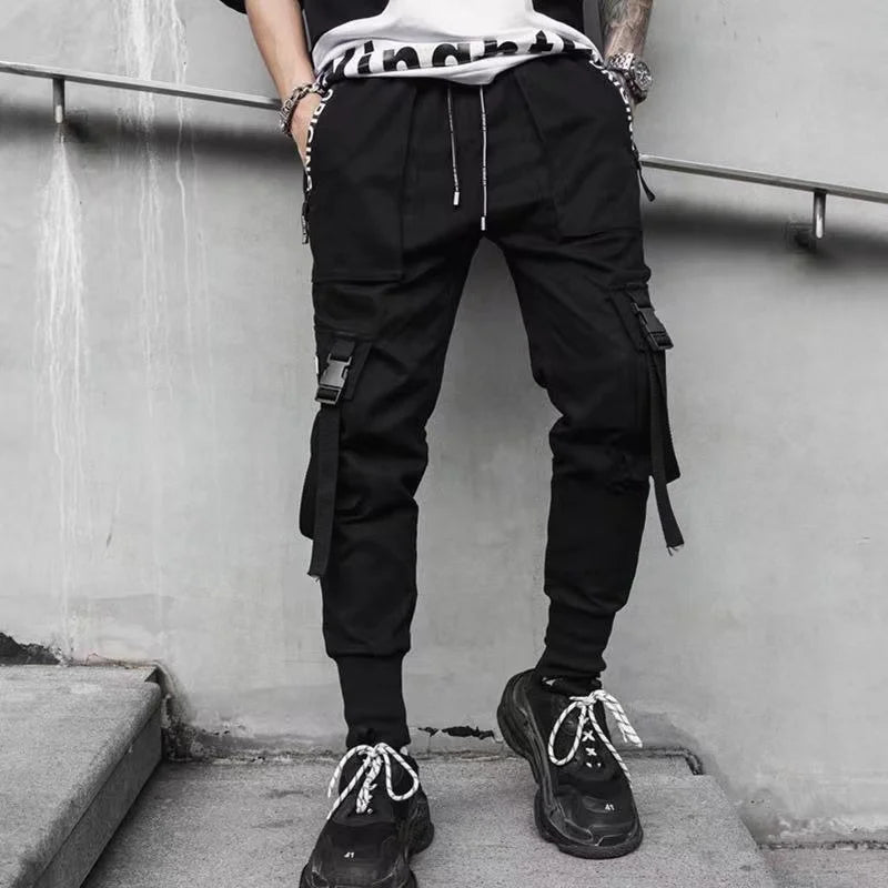 Hearujoy Harajuku Fashion Casual Cargo Pants Mens Joggers Trousers High Street Ribbon Black Sweatpants Male Streetwear Korean Harem Pants