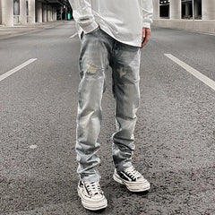 Hearujoy Ripped Hole Distressed Black Blue Washed Men's Jeans Straight Casual Baggy Pockets Pencil Pants Streetwear Loose Denim Trousers