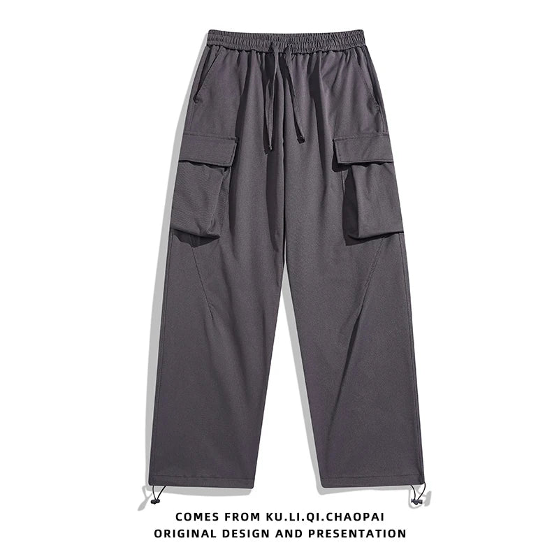 HEARUJOY  -  Men Elastic Waist Solid Color Cargo Pants Multi Pocket Loose Baggy Pants for Women Streetwear Harem Casual Pants하렘 바지