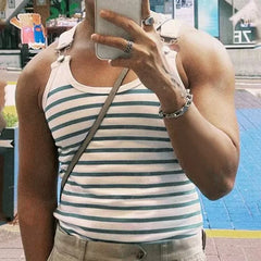 HEARUJOY  -  Summer New Striped Men's Vest Elastic Slim Fit T-shirt Fashion Clothing Metal Button Sleeveless Tees Muscle Sexy Man Tank Tops