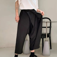 Hearujoy Men Double-Layer Irregular Pleated Wide-Leg Pants 2024 New Genderless Dark Style Retro Loose Solid Color Nine-Point Pants Unisex