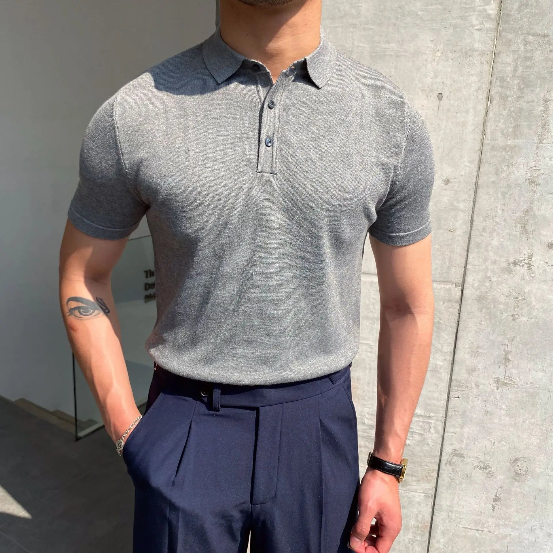 HEARUJOY  -  Summer Cotton Men Polo Shirt Business Casual Turn-down Collar Button-up Tees Fashion Flocking Tshirts Top Lce Silk Fabric Blouse
