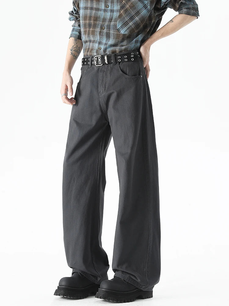 HEARUJOY  -  Korean Style Men’s Casual Pants for Spring Summer 100% Cotton Elastic Waist Solid Color Wide Leg Slacks Loose Straight Trousers