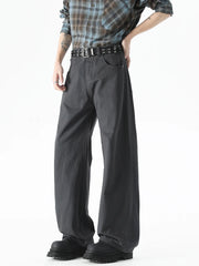 HEARUJOY  -  Korean Style Men’s Casual Pants for Spring Summer 100% Cotton Elastic Waist Solid Color Wide Leg Slacks Loose Straight Trousers