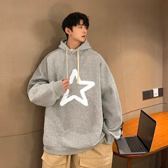 HEARUJOY  -  Men's Oversized Hoodie Off White 5XL Hoodies with Hat Over size for Men Star Print Man Casual Wear Hoody Male Sweatshirt