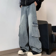 Hearujoy Men Cargo Jeans Loose Straight Wide Leg Denim Pants Men's Hip Hop Streetwear Neutral Skateboard Mopping denim Trousers