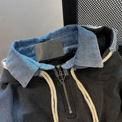 Hearujoy Handsome Denim Patchwork Hooded Sweatshirt for Men Women High Street Vibe Vintage Washed Coat Couple's Fake Two-piece Jacket