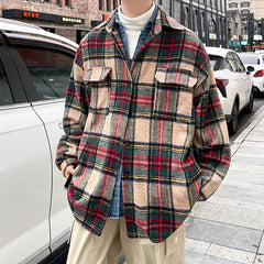 Hearujoy Thick Plaid Woolen Coat Men Warm Oversized Retro Thickened Woolen Jacket Mens Streetwear Korean Loose Short Woolen Coat Men