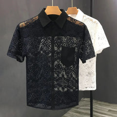 Hearujoy Mens Hollow Sexy Lace Short Sleeve Casual Shirt See-Through 2024 New Genderless Fashion Versatile Youth Trend Retro Shirt Unisex