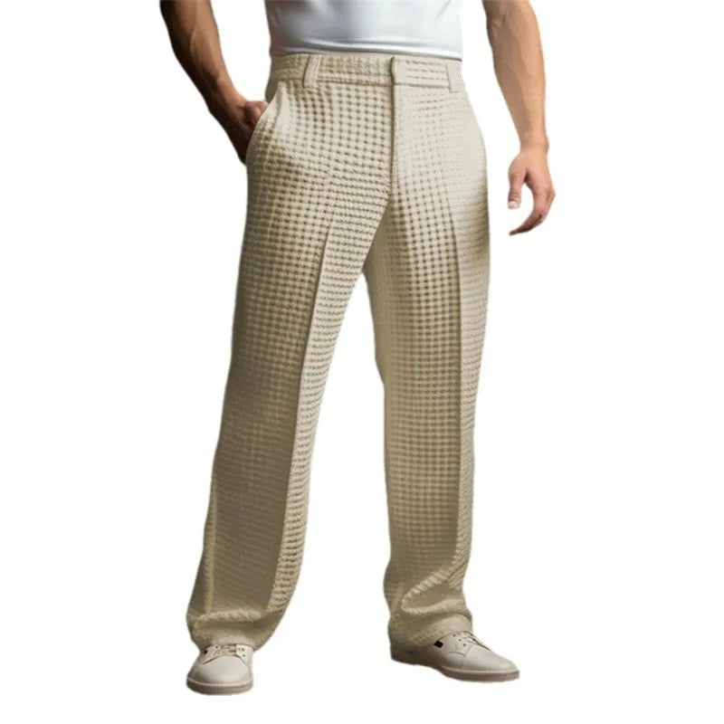 HEARUJOY  -  Business Casual Waffle Trousers Men Slant Insertion Pocket Straight Suit Pants Fashion Versatile Pants Leisure Vacation