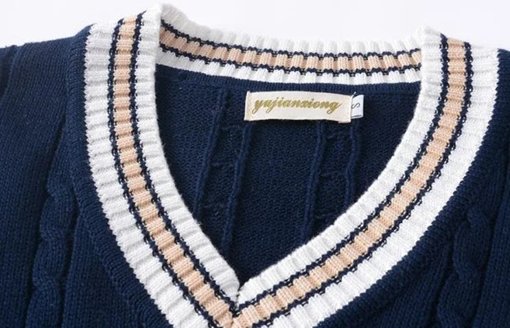 HEARUJOY  -  Striped White Knitted Sweaters for Men Blue Sleeveless Man Clothes V Neck Vest Red Waistcoat Jumpers Sweat-shirt Cigaret Cotton