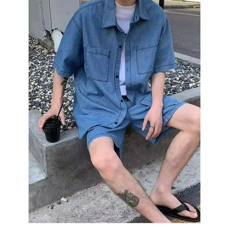 HEARUJOY  -  Summer Men set Retro Trendy Brand Hong Kong-style Denim Short-sleeved Shirts Shorts Casual Sportswear Men Cool Loose suit