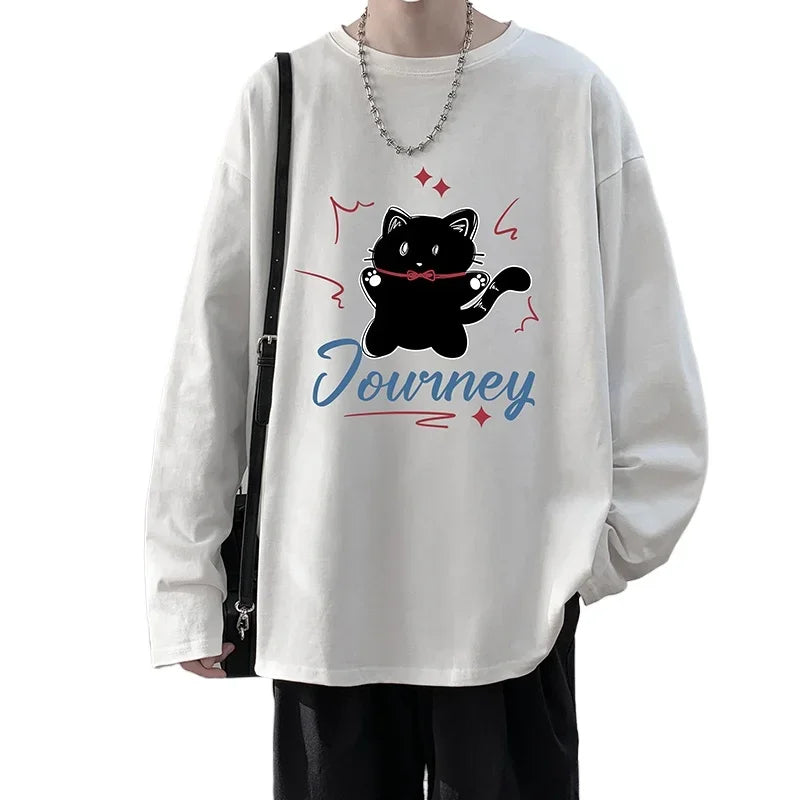 HEARUJOY  -  Men's Plain T-shirts Cotton Full Sleeves 5XL Fashion White Mens Oversized T Shirt Casual Wear Funny Cat Print Tee Shirts for Men