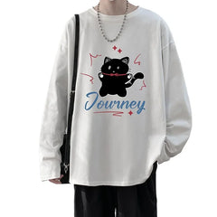 HEARUJOY  -  Men's Plain T-shirts Cotton Full Sleeves 5XL Fashion White Mens Oversized T Shirt Casual Wear Funny Cat Print Tee Shirts for Men