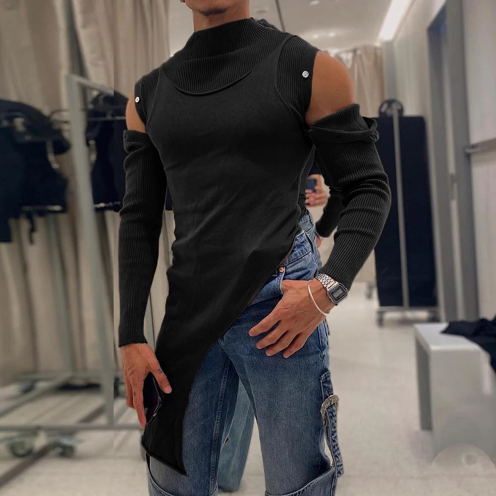 HEARUJOY  -  Everyday Casual Men Long Sleeve T Shirt Irregular Turtleneck Casual Off Shoulder Top Fall Clothing Regular Length