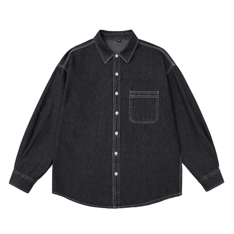 HEARUJOY  -  Mens Button Down Denim Shirt Long Sleeve Lapel Jean Shirt Casual Slim Fit Washed Denim Shirts with Chest Pockets