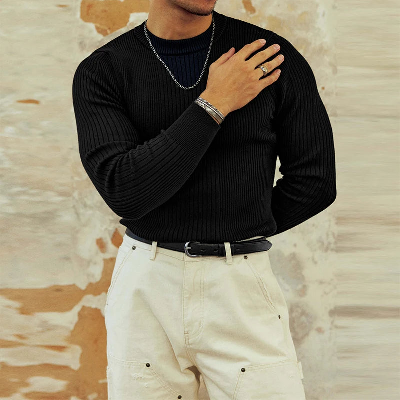 HEARUJOY  -  Trendy Bottoming Tees Mens Knitted Solid Color Texture Long Sleeve T-shirts For Men Spring Fall Stylish Slim Stretch O Neck Tops