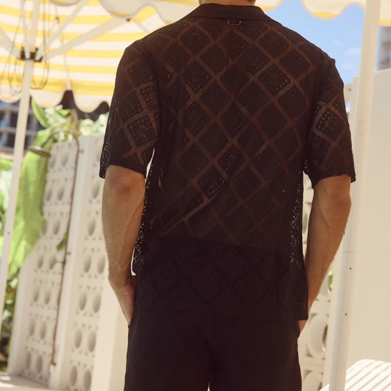 HEARUJOY  -  Summer Cool Shirt Men's Knitted Hollow Out Breathable Tops Fashion Short Sleeve Lapel Jacquard Shirts Casual Cardigan Streetwear