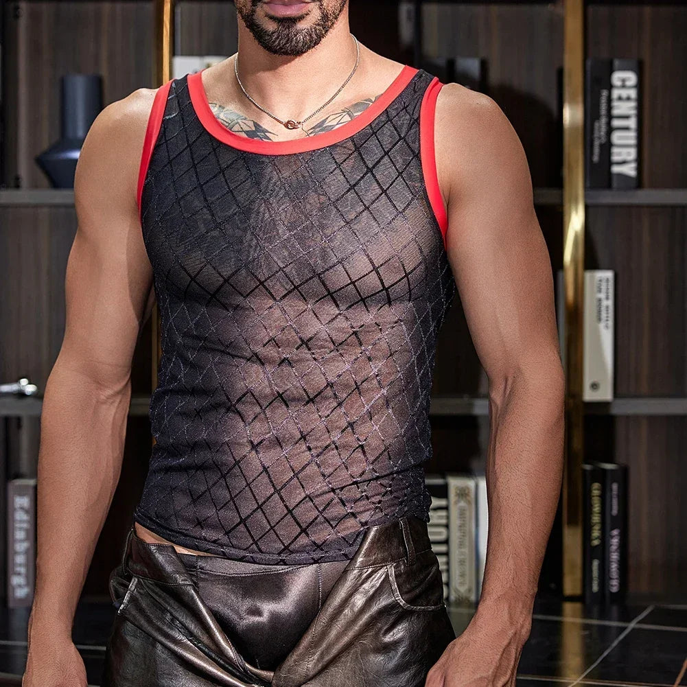 HEARUJOY  -  Sleeveless Top Mens Tank Tops Sporty Look Party Outfit Regular Length Elastic Fabric Four Seasons Wear Mesh Design