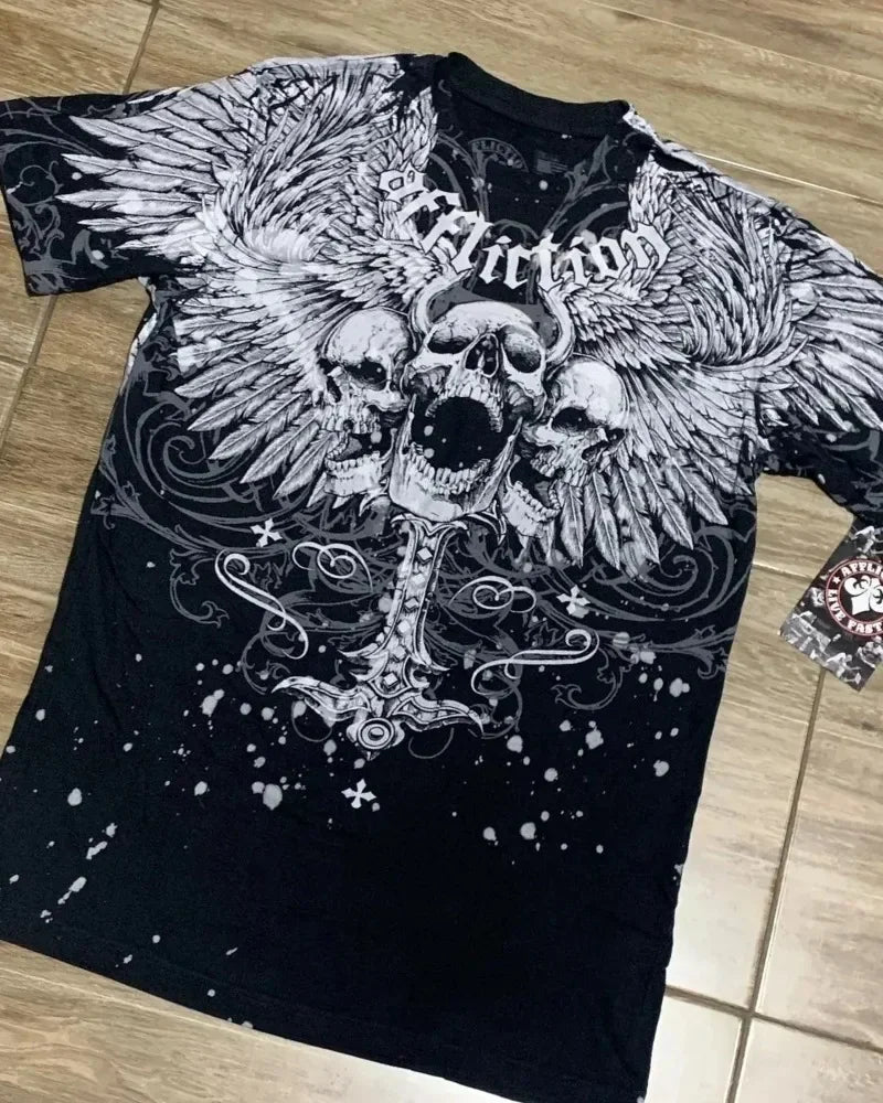 Hearujoy American New Double-Sided Oversized Printed T-shirt Y2K Retro Gothic Pure Cotton Short Sleeve Men Street Hip-Hop Trend Loose Top
