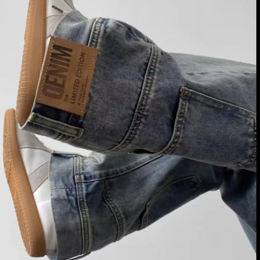 HEARUJOY  -  Backwards Wear Mens High Street Vibe Jeans Clean Fit Loose Straight Denim Pants Spring Summer Design Sense Trousers Unisex