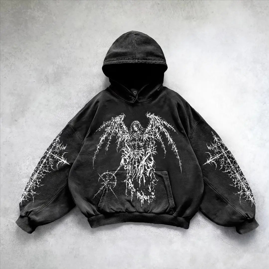 Hearujoy Gothic Retro Oversized Graphic Print Black Hoodies Loose Harajuku Long Sleeved Pullover Y2k Hoodie Men and Women Sweatshirt Tops