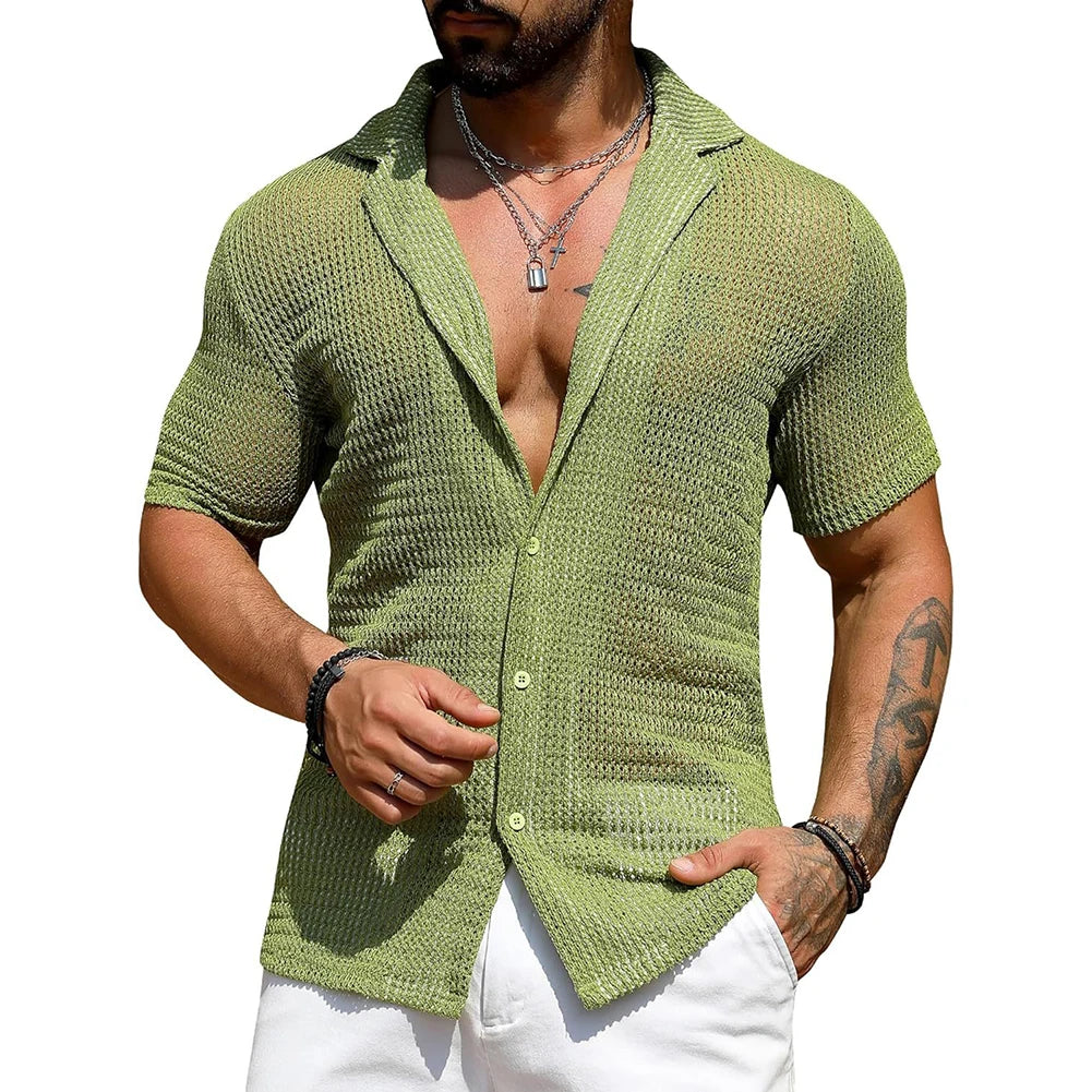 HEARUJOY  -  Top Men\'s Shirt Men's Shirt Fashion Streetwear Tops Hollow Out Knitted Men Sexy Beach Shirts Breathable Hot New