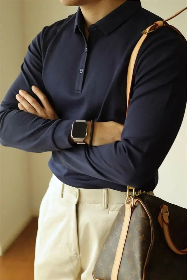 HEARUJOY  -  New American Retro Men Polo Shirt Light Luxury Solid Color Slim-fit Commuting Long Sleeve T-shirt Leisure Business Pullover Tops