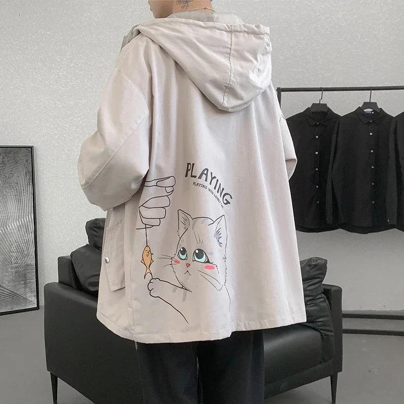 HEARUJOY  -  Men's Oversized Jackets Cotton With Hat Man Cat Print Coat Casual Wear Autumn 5XL Safari Style Jacket For Men Fashion Outerwear