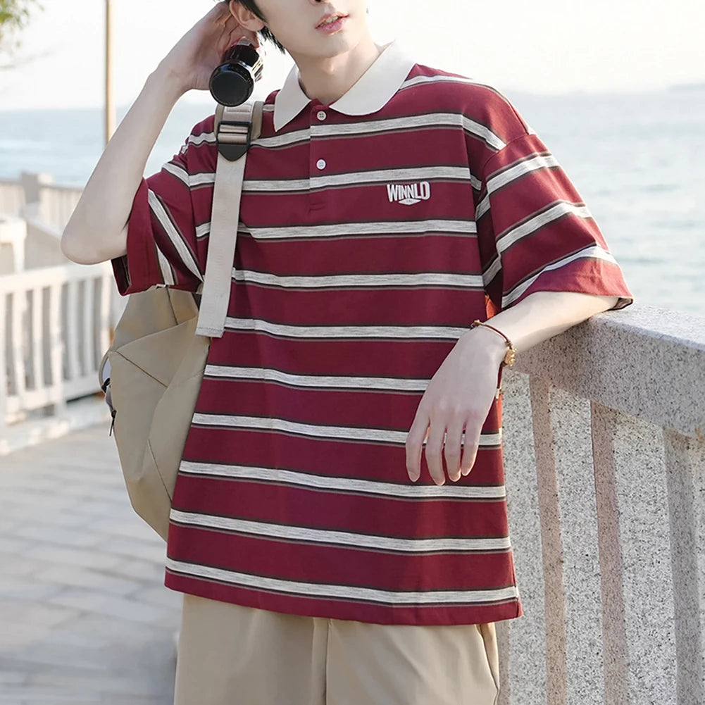 HEARUJOY  -  Casual Summer 2XL Mens Summer T-Shirts Casual Striped Short Sleeve Shirts Vintage Short Sleeve Tops Lapel Neckline