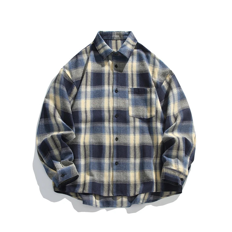 Hearujoy Autumn Long Sleeved Shirt Men Oversized Retro Plaid Shirt Men Japanese Streetwear Loose Casual Shirts Mens Large Size 5XL