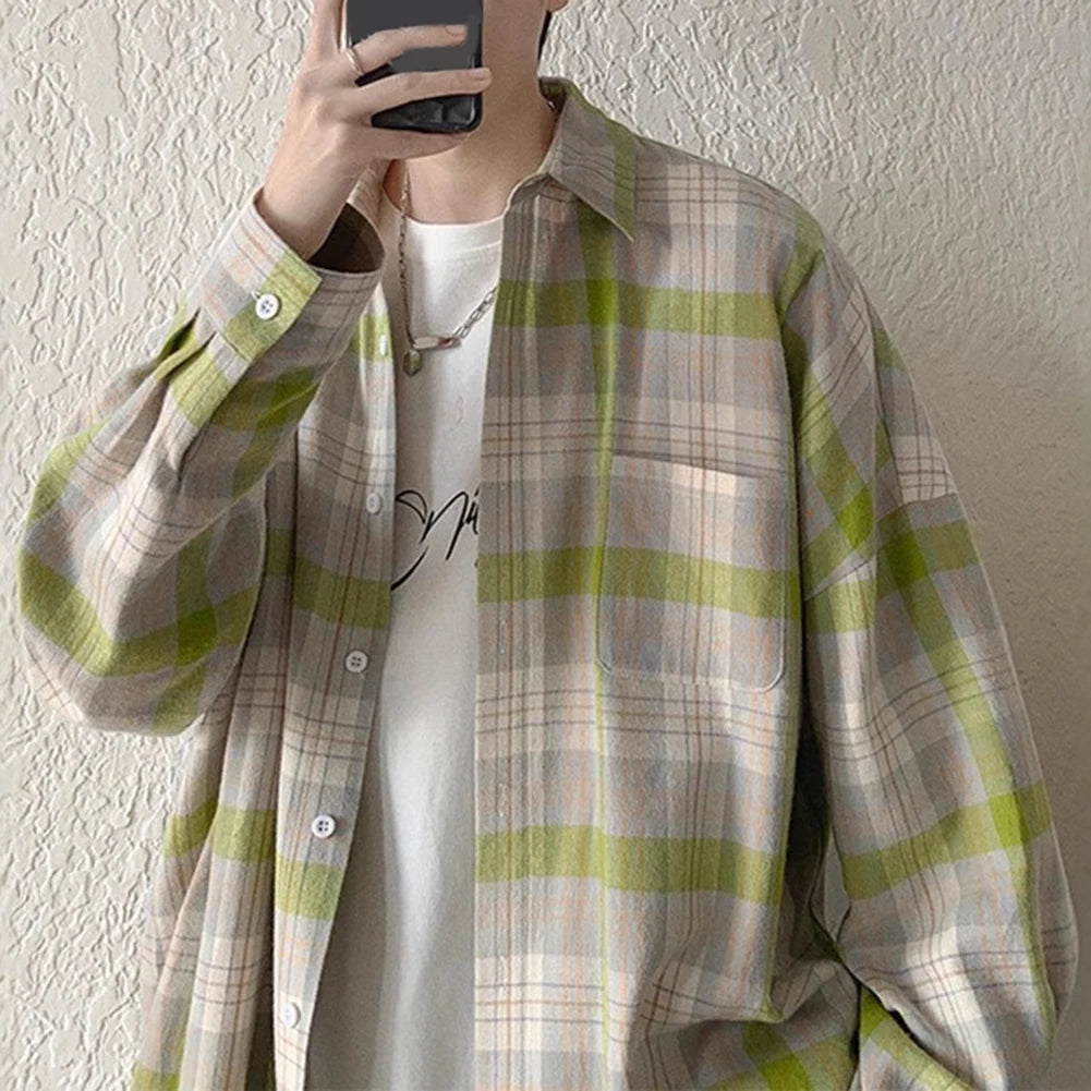 HEARUJOY  -  Casual Outing XL Blue Plaid Casual Top Men Plaid Long Sleeve Shirt Long Sleeve Casual Style Daily Use Shirt Lapel Neckline