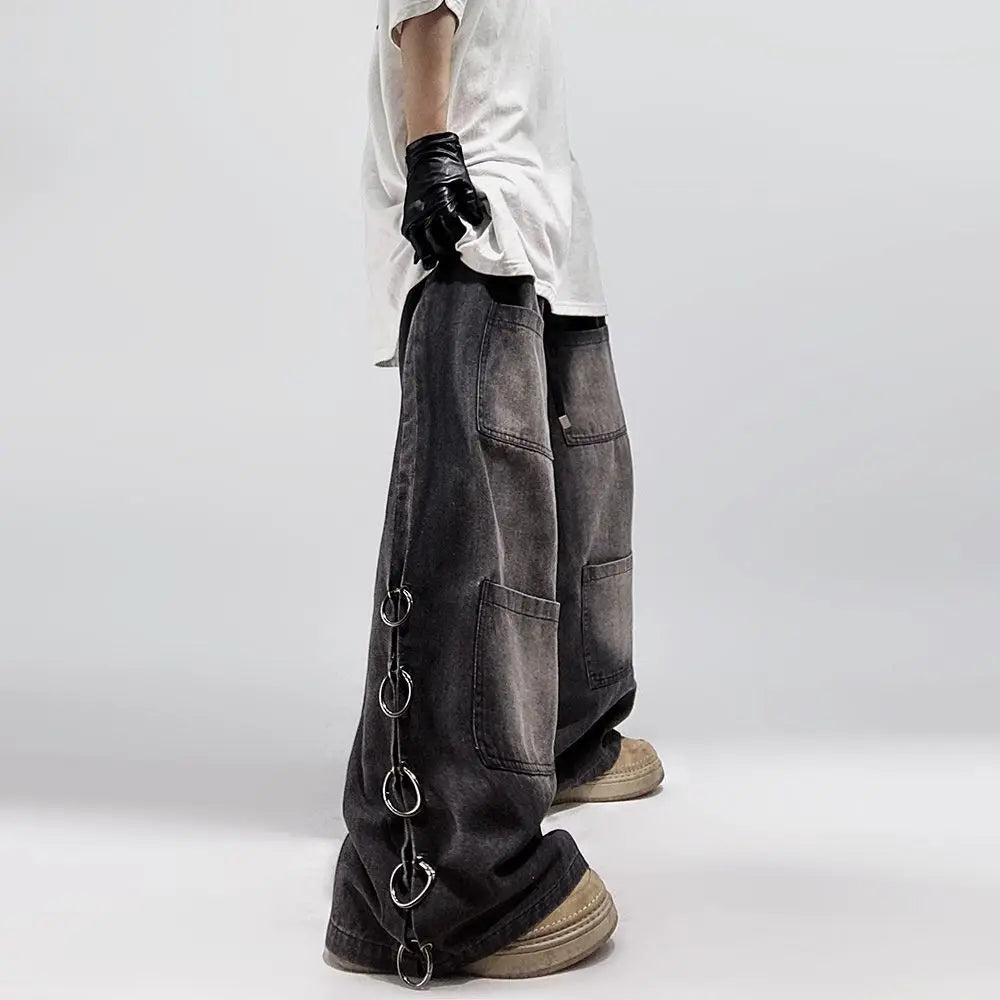 Hearujoy American Style Oversized Pocket Retro Baggy Jeans Men Y2k Hip Hop Punk Wide Leg Straight Overalls Black Denim Pants Streetwear