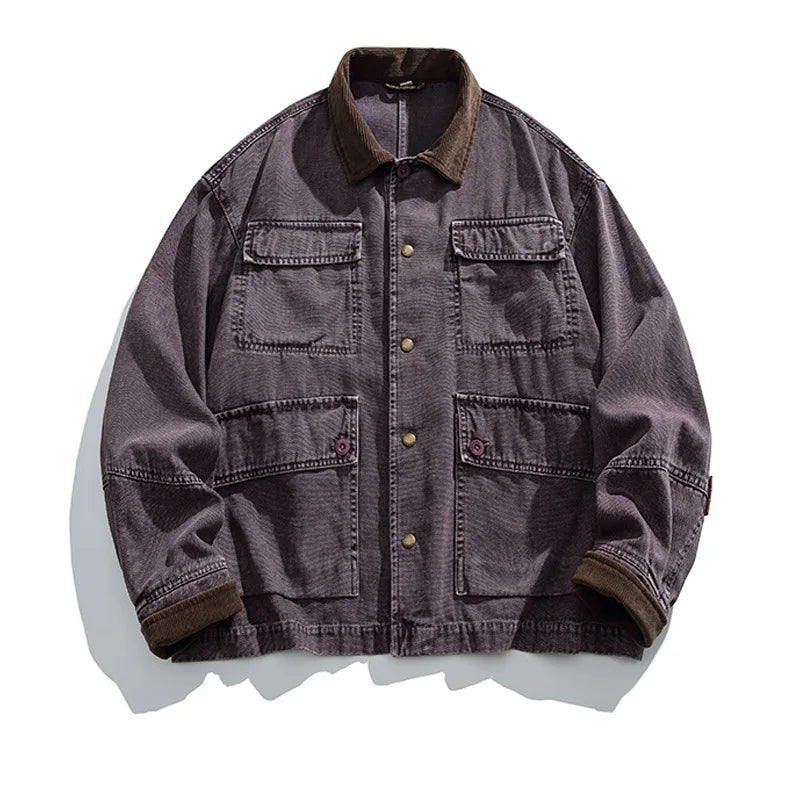 HEARUJOY  -  American Retro Heavyweight Washed Denim Jacket Multi-Pocket Workwear Coat with Contrast Collar Oversized Utility Streetwear