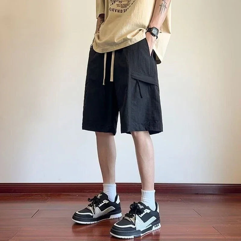 HEARUJOY  -  Wide Mens Cargo Shorts Baggy Over Knee Solid Elastic Waist Loose with Draw String Short Pants for Men Pockets High Quality V