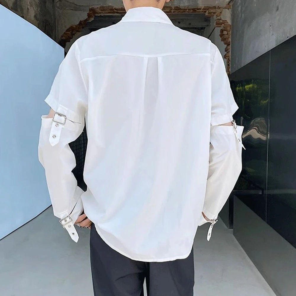 Hearujoy Mens Y2k Spliced Casual Long-Sleeved Shirt 2024 New Genderless Functional Personality Solid Color Loose Hand Strap Top Unisex