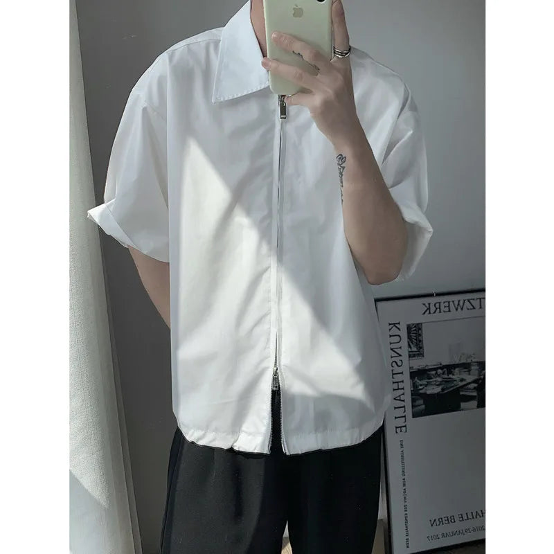 Hearujoy Summer Short Sleeved Shirt Men Fashion Oversized Zip Shirt Men Korean Loose Black White Dres Shirts Mens Ice Silk Shirt M-2XL