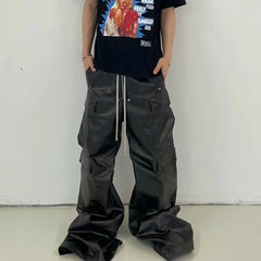 Hearujoy Matte PU Leather Pants for Men High Street Y2k Pantalones Hombre Baggy Overall Wide Leg Drawstring Cargo Pants