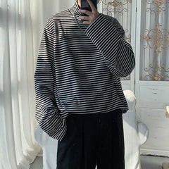 HEARUJOY  -  Ins Trendy Hong Kong Style Men's Mock Neck Tee Long Sleeve Loose Fit Casual Streetwear Top All Season Wear