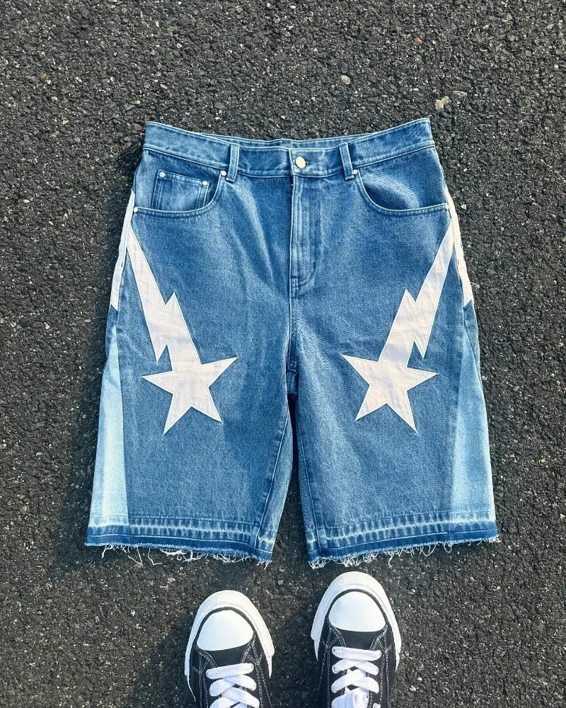 Hearujoy American fashion trend Street style wide-leg Jeans for men Y2k embroidered baggy jeans Goth punk High street casual shorts