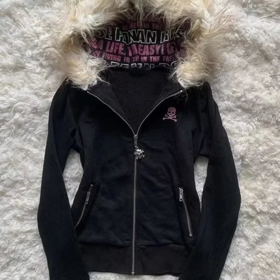 Hearujoy Street vintage alphabet print plus fleece hoodie woman y2k Goth original fashion coat Cardigan Spice casual loose sport coat